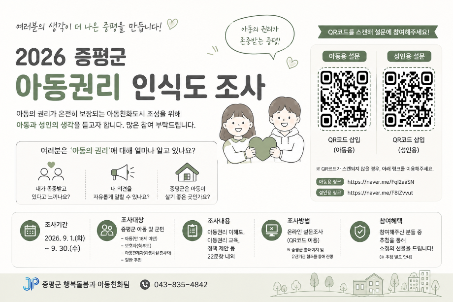 증평군, 9월 한 달간 &lsquo;아동권리 인식도 조사&rsquo;
